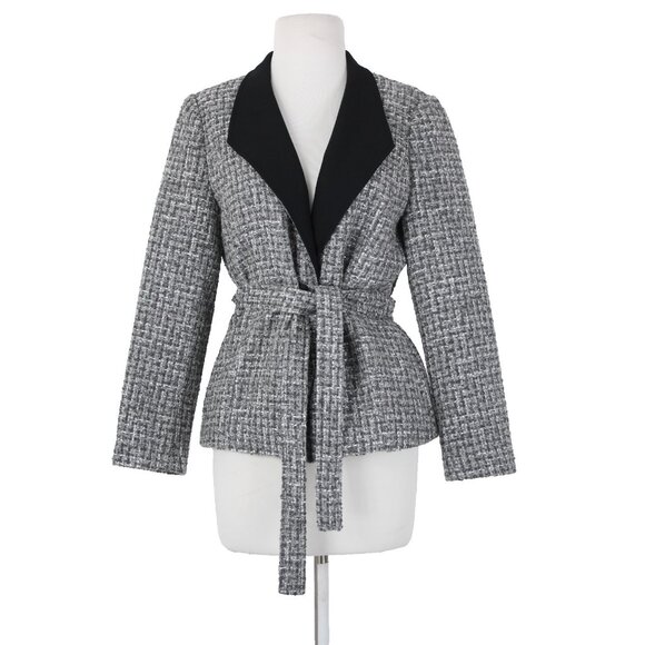 White House Black Market Sz 10P Gray Black Tweed Belted Acrylic Poly Jacket - Picture 1 of 16